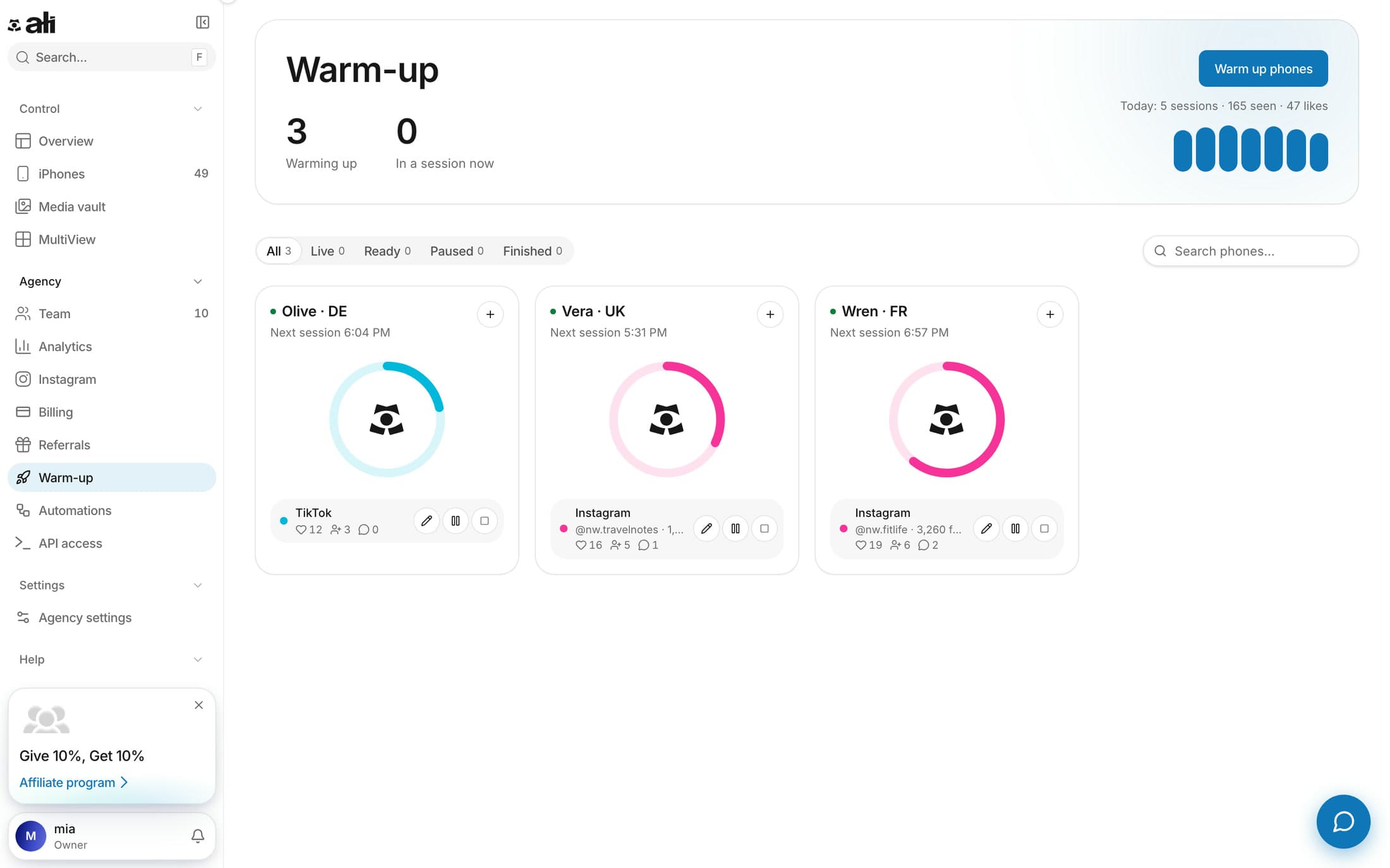 Page Warm-up d'ALI Remote V2 : les téléphones en warm-up et leur progression.